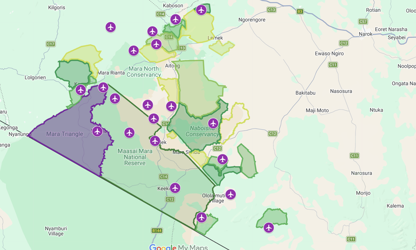Map of the greater Masai Mara with aircraft pins marking airstrips across the national reserve, the Mara Triangle, Mara North Conservancy and Naboisho Conservancy